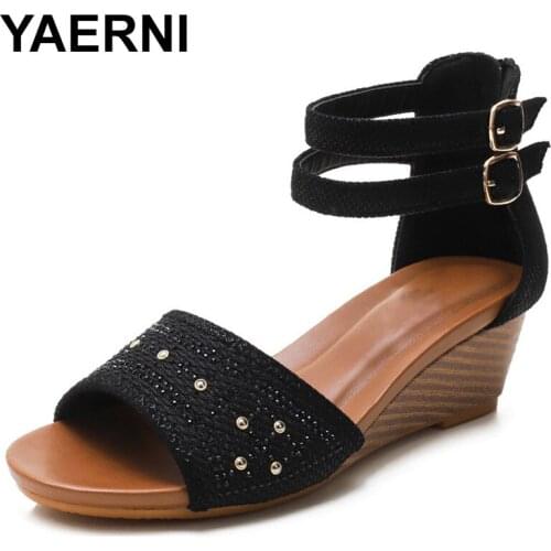 YAERNIBohemian summer 2021 new rear zipper Open-toe Rhinestone Gladiator sandals for comfortable ladies wedges wedges shoes for