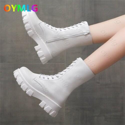 2020 New Mid Calf Boots Women Autumn Winter Fashion Lace-up Zipper Botas Mujer Boots Sports Platform Heel Ladies Shoes
