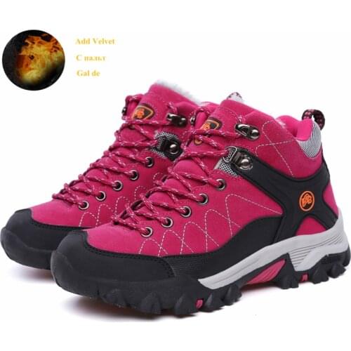 Womens Mountain Shoes With Fur Red Winter Outdoor Women Hiking Boots Plus Sizes Non-slip Trekking Sneakers Women Walking Shoes