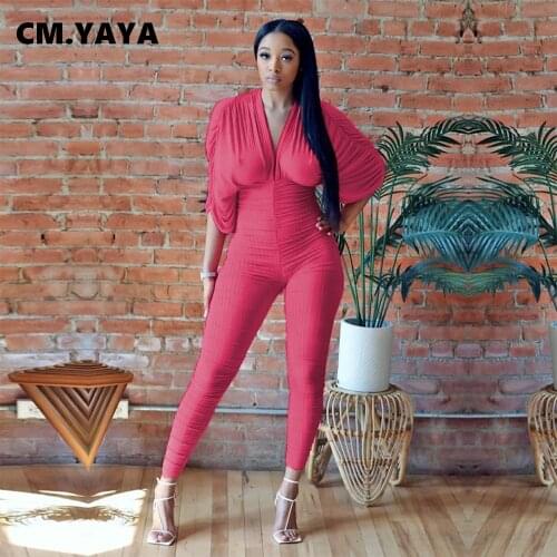 CM.YAYA Women Jumpsuit Solid Stacked Half Sleeve V-neck Bandage Stretchy Pencil Jumpsuits Casual Fashion Jumpsuits Summer Outfit