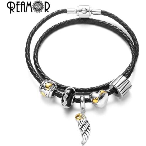 REAMOR Trendy Angel Wings Feather Charm Women Bracelet Black Genuine Leather Braided Heart Bracelet Bangles Jewelry Love Gifts