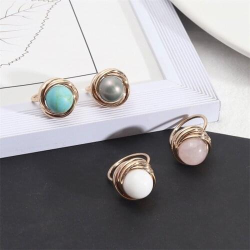 Fashion Pink Rose Quartz Healing Crystal Rings Geometric Gold Plated White Blue Natural Stone Ring for Women Jewelry Gift
