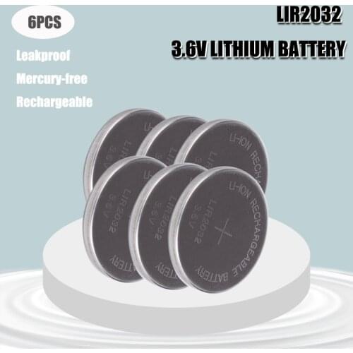 6PCS LIR2032 3.6V Button Cells Li-ion Rechargeable Battery LIR 2032 Replaces CR2032, Lithium Coin Cell Batteries