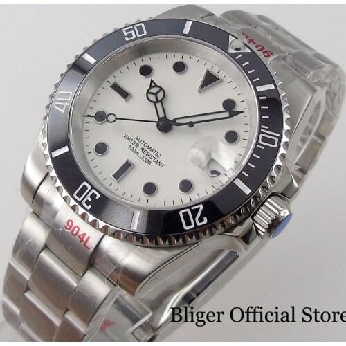 BLIGER 40MM White Selfwinding Men Watch 21 Jewels MIYOTA 8215 Glide Lock Brushed Oyster Band Black Edge Hand