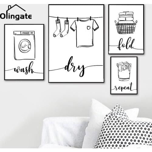 Black White Canvas Laundry Wall Art Modern Wash Dry Fold Repeat Sign Canvas Poster One Piece Painting Print Bathroom Home Decor