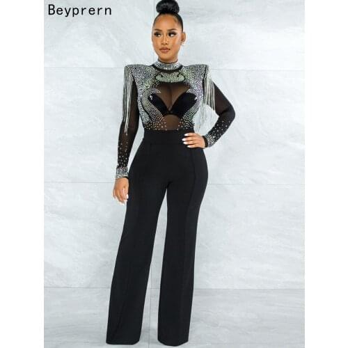 Beyprern Elegant Black Rhinestone Embellishment Wide Leg Jumpsuits Chic Womens Sequins Fringed Bodycon Rompers Birthday Outfits