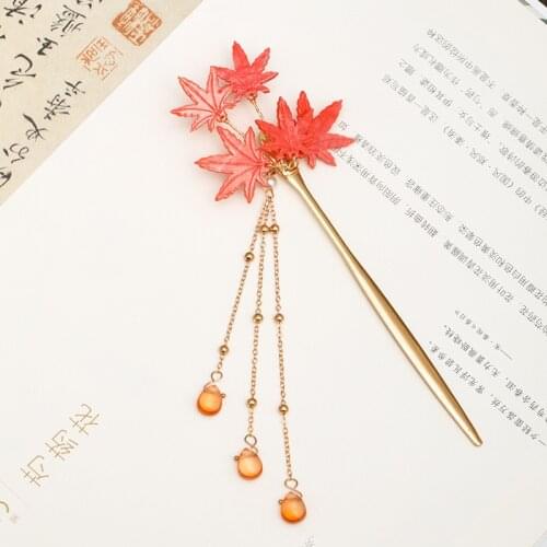 Autumn Maple Leaf U Shape Pearls Hairpins Clips Hair Sticks Forks Hair Combs Tassel Necklace Bride Noiva Wedding Hair Ornaments
