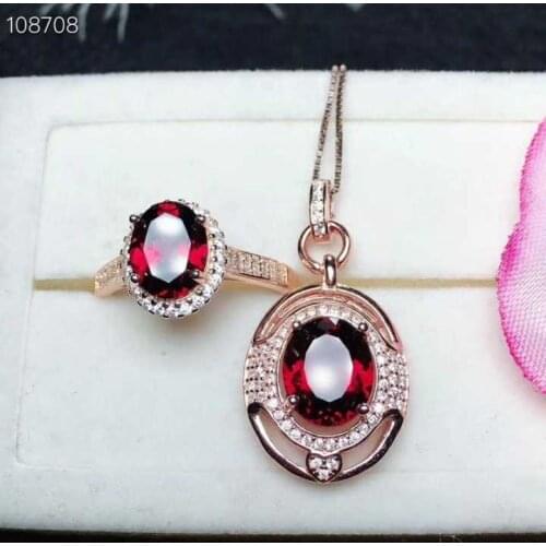 Natural red garnet gem Ring Pendant Natural gemstone Jewelry Set 925 Silver classical Hollowing round Women wedding gift jewelry