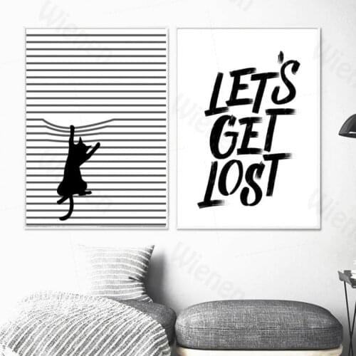 Creative Black & White Animal Mural Cartoon Cat Quotes Wall Art Canvas Painting Nordic Posters Home Decor Room Interior Decor