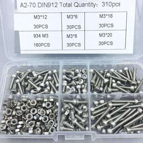 M3 DIN912 304 Stainless Steel Hexagon Socket Head Cap Screws Nuts Assortment Kit Hex Socket Screw Precise Metric Bolts Nuts Set