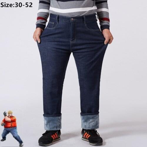 Mens Jeans Denim High Waisted Winter Fleece Loose Pants Classic Blue Elastic Oversized 44 46 50 52 Plus Male Clothing Trousers