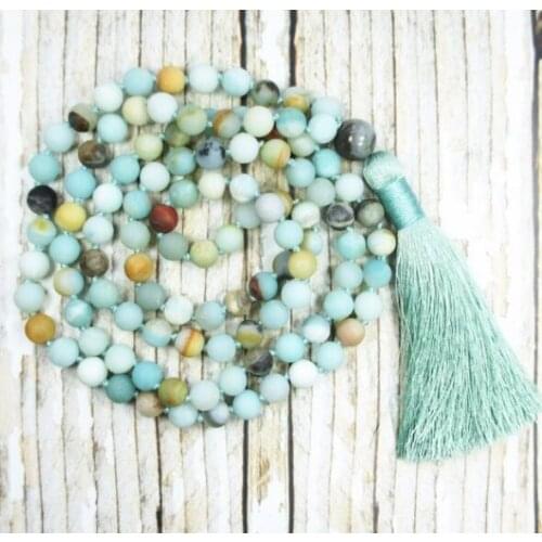 6mm Natural green Amazonite 108 Beads Tassels Mala Necklace Lucky energy Unisex natural Healing Handmade Wrist cuff MONK yoga