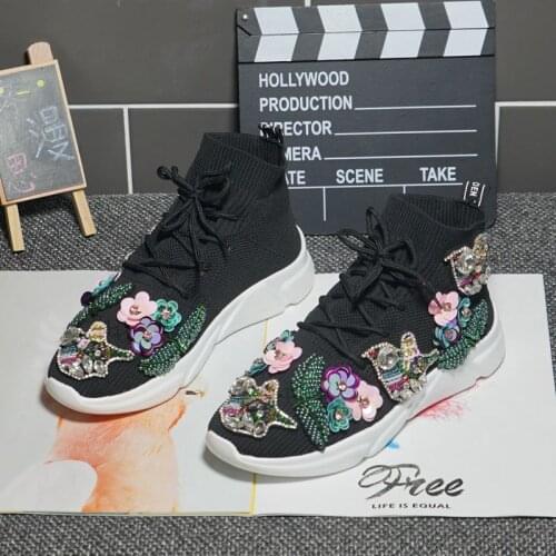 2021 new high top casual shoes heavy industry shiny rhinestone tide brand stretch knitted socks shoes women
