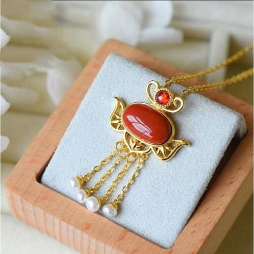 Vintage Court Style Southern Red Agate Egg Noodle Pendant Sterling Silver Inlaid Freshwater Pearl Tassel Original Design Female