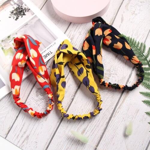 Fashion Summer Tulip Hair Bands Print Headbands for Women Girls Vintage Cross Turban Bandage Bandanas HairBands Hair Accessories