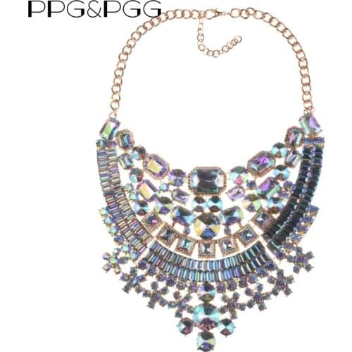 PPG&PGG New Women Fashion AB Shine Rhinestone Collar Colorful Crystal Chunky Statement Bib Necklaces Wholesale