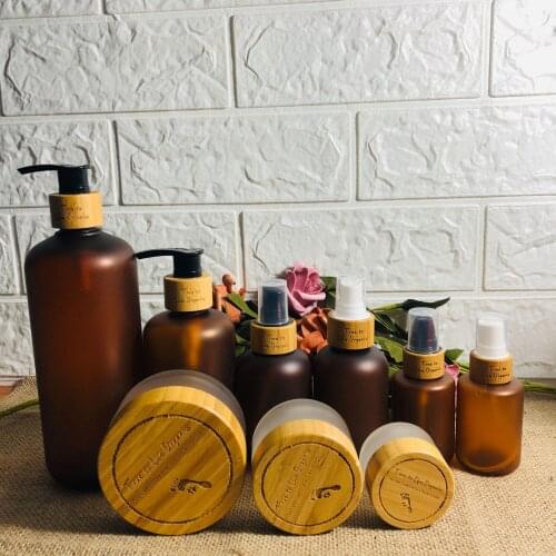 Custom Logo Empty Skin Care Packaging Cream Jars Shampoo Lotion Bottle Amber PET Water Mist Spray Plastic Bottle With Bamboo Lid