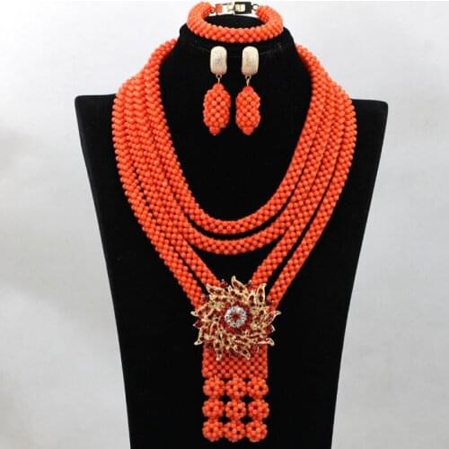 Luxury Handmade Coral Beads Statement Necklace Set Nigerian Wedding African Beads Jewelry Set Free Shipping CNR514