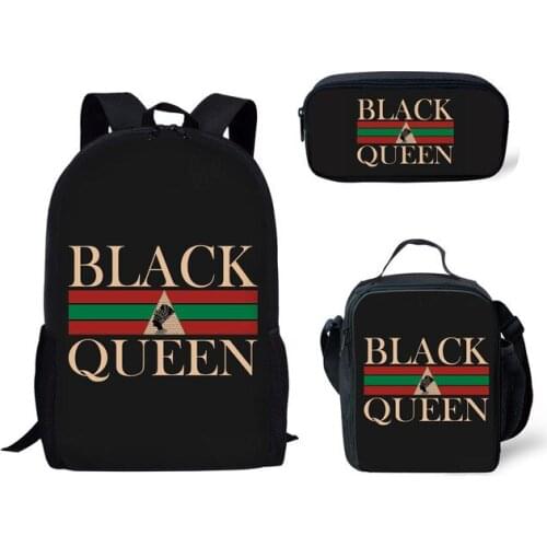 African Black Queen Print Girls Backpack with Lunch Bag and Pencil Case Kids 3pcs Bookbags Customize School Bag Set