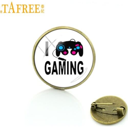 TAFREE I Love Gaming Picture Brooch letterhead video game controller pins interesting funny of all ages liked glass jewelry H669