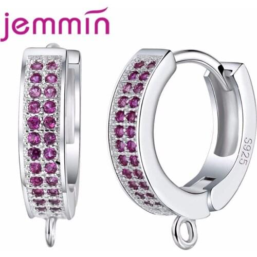 Gorgeous White/Fuchsia Crystal Hoop Earrings Wide Band Hot Sale 925 Sterling Silver Jewelry Components for Women Wedding