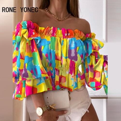 Women Shirt Tie Dye Off Shoulder Layered Shirred Top Long Sleeve Casual Blouse Top