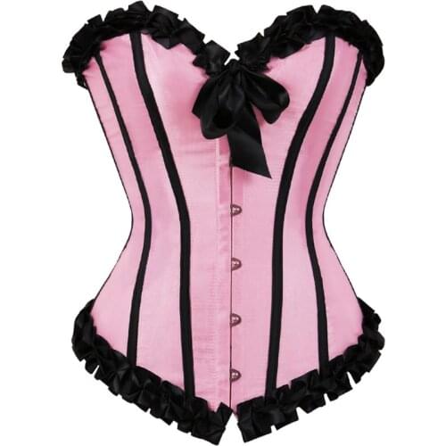 Women Sexy Satin Striped Lace Overbust Corset Showgirls Waist Cincher Body Shaper Slim Fashion Corset Bustier Plus Size