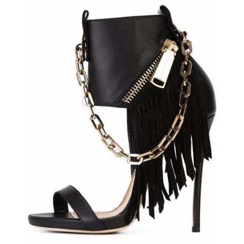 Women Stylish Black Fringe Dress Sandals Stiletto Heels Single Strap Chain Decorated Pumps High Top Zipper Tassel Gladiator Shoe