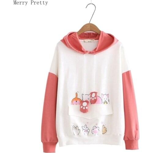 Women Cartoon Print Hoodies Sweatshirts With Horns On Hooded 2020 Spring Long Sleeve Pocket Cotton Tracksuits Harajuku Pullovers