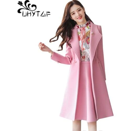 UHYTGF Autumn winter 3 Pieces Set Women Woolen Coat +Chiffon Shirt And woolen Skirt Three -Piece Quality women clothing sets 954