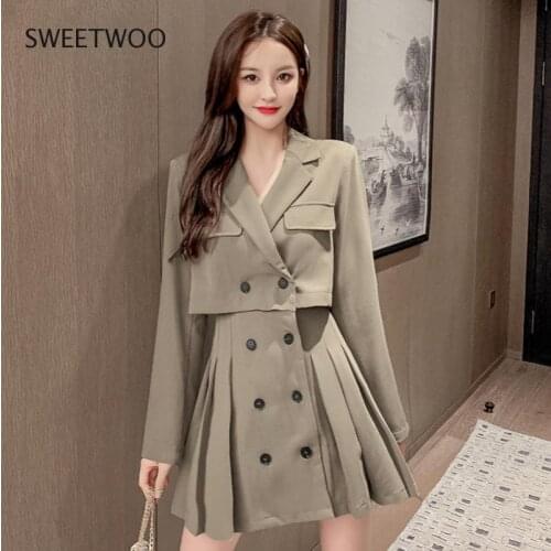 New Design Korean Style High Street Womens Fashion Cute Elegant Office Lady Double Breasted Button Notched Mini Blazer Dress