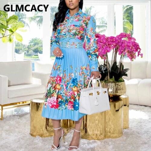 Women Long Sleeve Floral Printed Pleated Dress Elegant Midi Dress