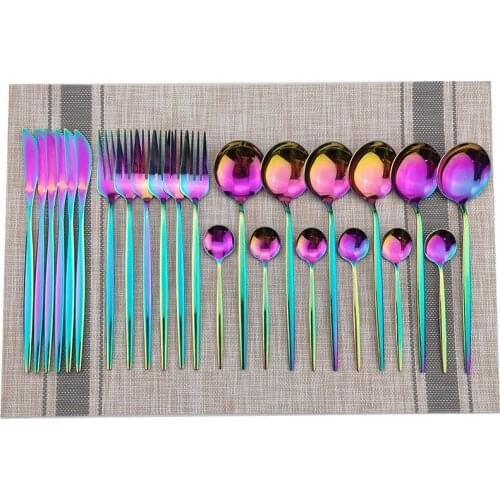 24pcs Rainbow Dinnerware Sets 18/10 Stainless Steel Cutlery Set Handle Gold Knife Fork Spoon Tableware Set Party Silverware Set