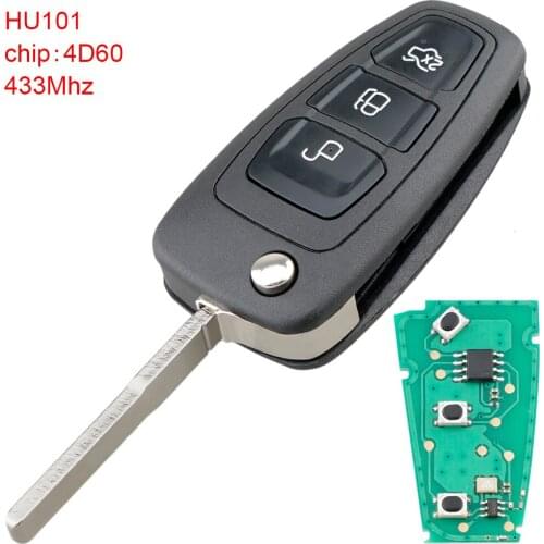 433Mhz 3 Buttons Flip Keyless Entry Fob Auto Remote Car Key Replacement with 4D60 Chip and HU101 Blade Fit for Ford Fiesta Focus