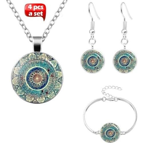 4Pcs Mandala Lotus Yoga Chakra Jewelry Sets Sacred Geometry Life Flower Pendant Necklace Earrings Bracelet Set for Women Girls
