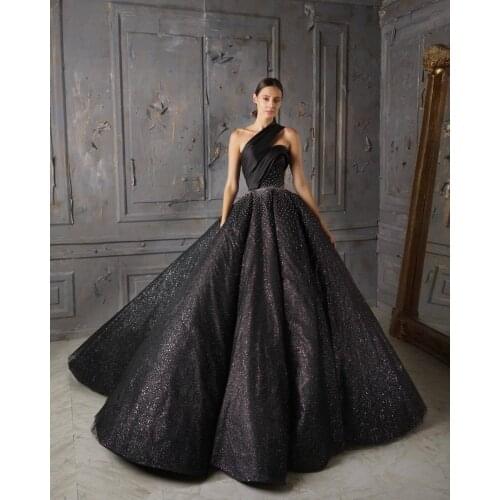 Black Glitter Beaded Ball Gown Prom Dresses One Shoulder Formal Evening Dress Robe De Soiree