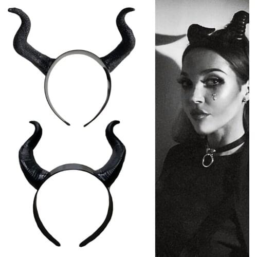 Halloween Witch Black Long Ox Horn Headband Movie Demon Evil Queen Glitter Hair Hoop Gothic Cosplay Costume Headpiece