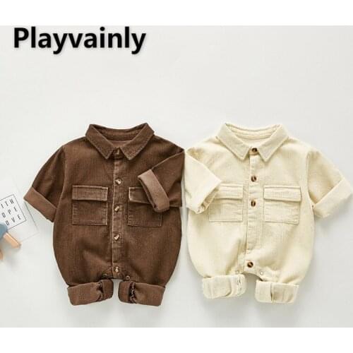 2021 New Autumn Kids Boys Girls Romper Long Sleeves One Piece Corduroy Pockets Single Breasted Jumpsuit Newborn Clothes E1015