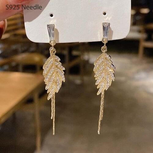 925 Sterling Silver Needle Long Long Dangle Drop Earrings for Women Jewelry Gold Leaf Female Tassel Earrings
