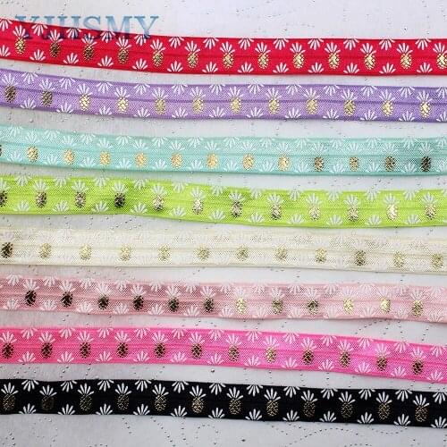 E-20425-763 5/8” Hot Gold pineapple Elastic Ribbon Printed, DIY handmade accessories, packaging decorative ribbon