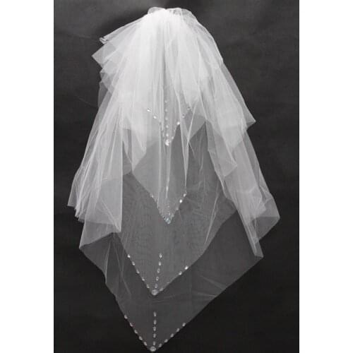 In Stock White Ivory Short Appliques Two Layer Beaded Elbow Length Tulle Wedding Bridal Veil