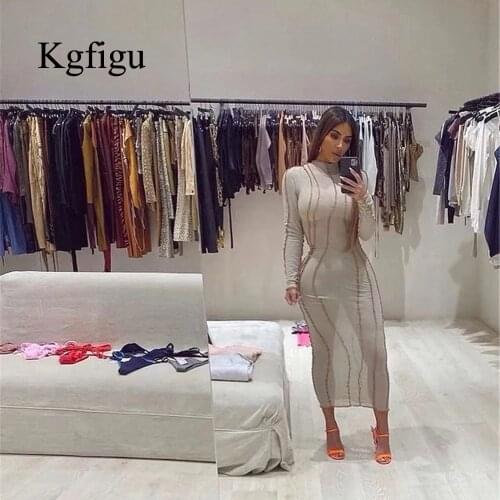 KGFIGU 2021 New Arrival O-Neck Party Dresses Women Sexy Long Sleeve Slim Vestidos Grey Patchwork Soft Empire Fitness Outfits