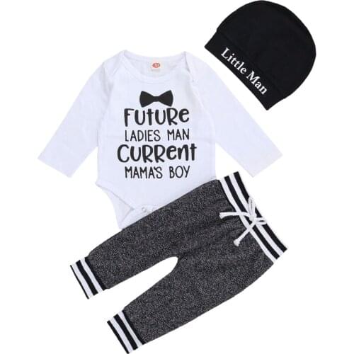 Newborn Letter Print Romper Outfit Baby Infant Boy Long Sleeve Top + Drawstring Pants + Hat 3PCS Fall Clothes Sets