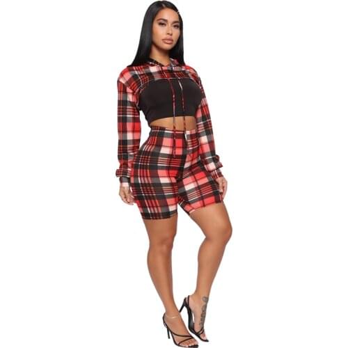 Two Piece Set Women sexy Autumn plaid stitching long Sleeve Sweater Top+Shorts Sets Club Outfits Sports Streetwear Wholesale
