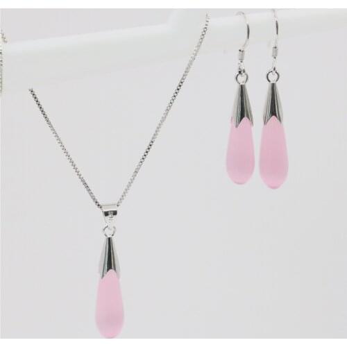 New Stone Natural Pink Opal Cats Eye 7x30mm Long Beads Pendant Necklace Earring Jewelry Set Women Gift Accessories 18inch M343