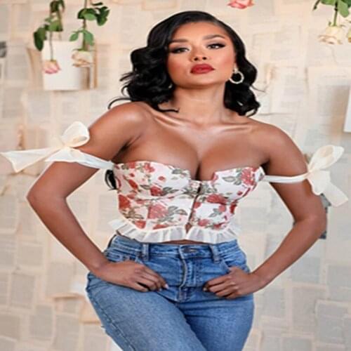 Floral Corset Ladies Sweet Print Ruffled Summer New Sexy Nine-Point Bow Bandage Tops Sleeveless Casual Vest