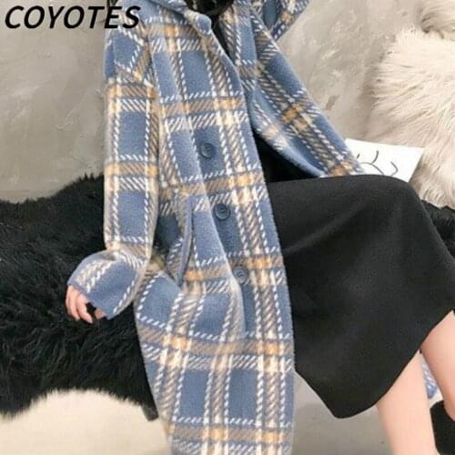 COYOTES Wool Blends Women Outwear Plaid Pocket Turn-Down Collar Overcoats Womens Thickening Coat Loose Fashion Leisure Elegant