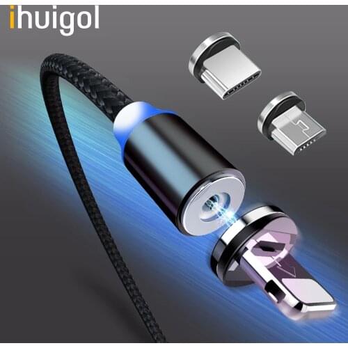 !ACCEZZ 3 in 1 Fast LED Magnetic Charging Cables Lighting 8 Pin Micro USB Type C For iPhone X 7 8 6 Xiaomi Magnet Charger Cable