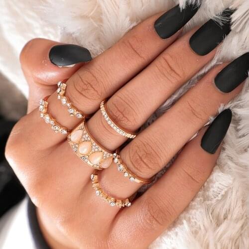 6 Pcs/set Bohemian Retro Crystal Micro paved Water drops Gem Gold Ring Set Women Wedding Anniversary Gift 2020 Spring New