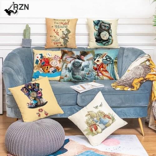 Alice Printed Decorative Cushion Cover Cute Rabbit Cat Pattern Sofa Throw Pillow Cover Vintage Home Decor Square Pillowcase
